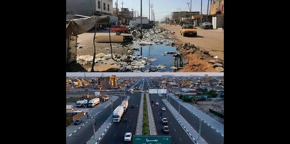صورة مقارنة قبل وبعد لتطوير شارع القبلة في البصرة وتحسين البنية التحتية