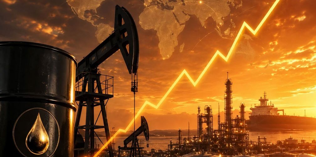 صورة لمنشآت إنتاج وتكرير النفط مع مضخات النفط وسهم يشير إلى ارتفاع الأسعار