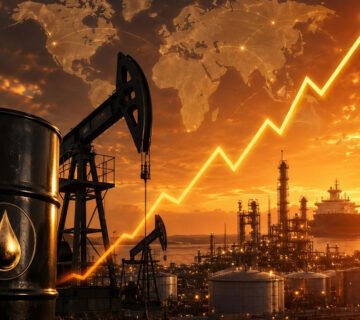 صورة لمنشآت إنتاج وتكرير النفط مع مضخات النفط وسهم يشير إلى ارتفاع الأسعار