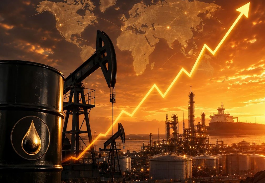 صورة لمنشآت إنتاج وتكرير النفط مع مضخات النفط وسهم يشير إلى ارتفاع الأسعار
