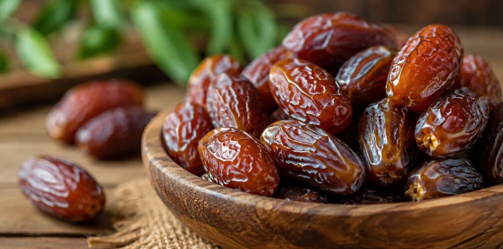 وعاء خشبي مليء بحبات التمر الطازجة الغنية بالعناصر الغذائية
