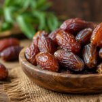 وعاء خشبي مليء بحبات التمر الطازجة الغنية بالعناصر الغذائية