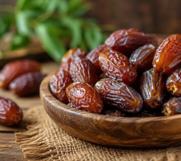 وعاء خشبي مليء بحبات التمر الطازجة الغنية بالعناصر الغذائية
