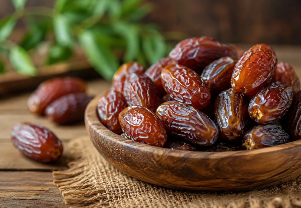وعاء خشبي مليء بحبات التمر الطازجة الغنية بالعناصر الغذائية