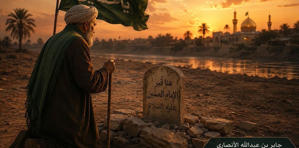 جابر بن عبد الله الأنصاري أثناء زيارته لقبر الإمام الحسين (عليه السلام) في يوم الأربعين