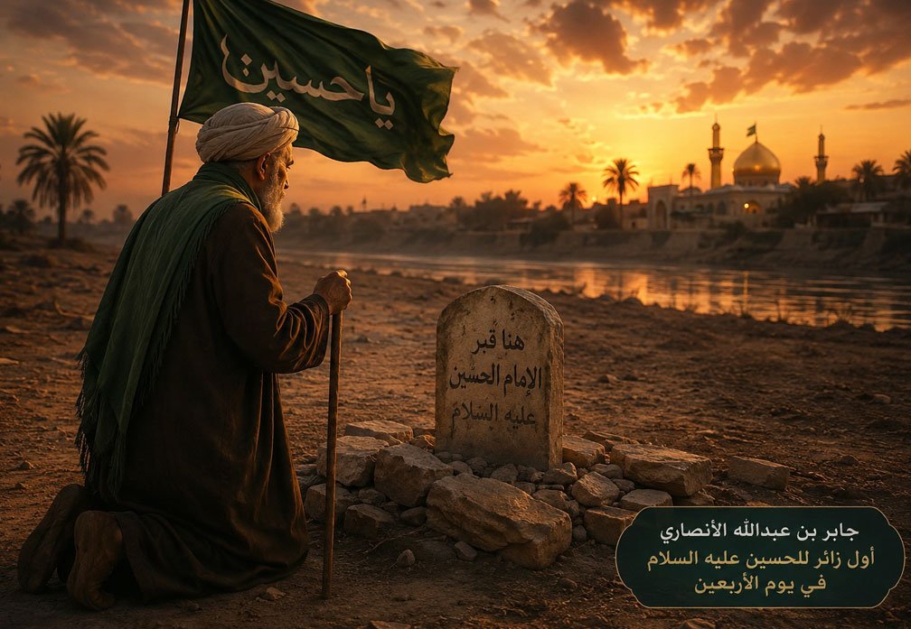 جابر بن عبد الله الأنصاري أثناء زيارته لقبر الإمام الحسين (عليه السلام) في يوم الأربعين