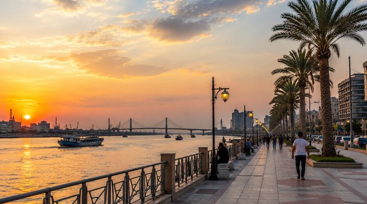 كورنيش البصرة على ضفاف نهر عند غروب الشمس مع ممشى