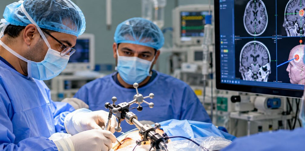 أطباء يجرون عملية دقيقة للدماغ باستخدام جهاز الملاحة العصبية في مستشفى بالبصرة 