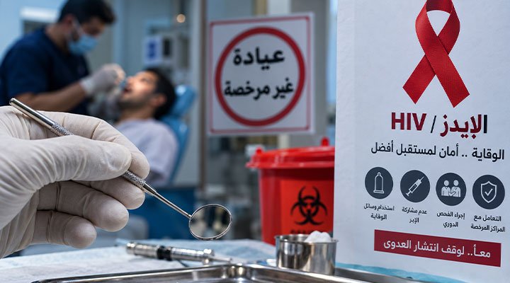 أدوات طبية داخل عيادة أسنان مع ملصق توعوي عن فيروس HIV والإيدز