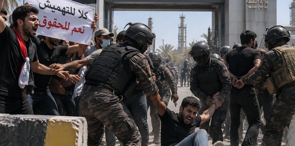 احتجاج خريجي الهندسة والعلوم أمام شركة نفط البصرة وسط انتشار القوات الأمنية