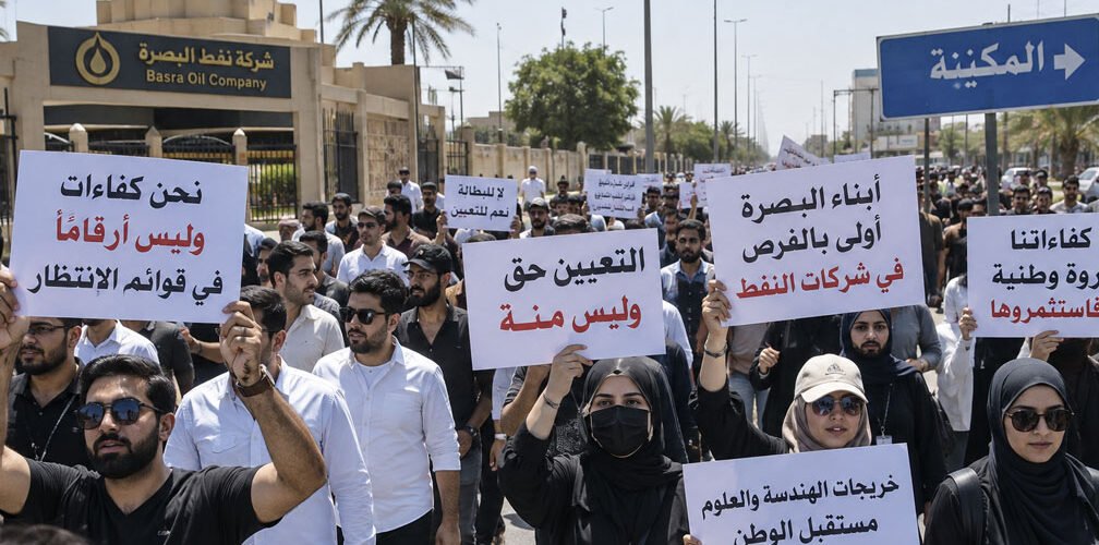 خريجو الهندسة والعلوم في البصرة يتظاهرون أمام شركة نفط البصرة للمطالبة بالتعيين