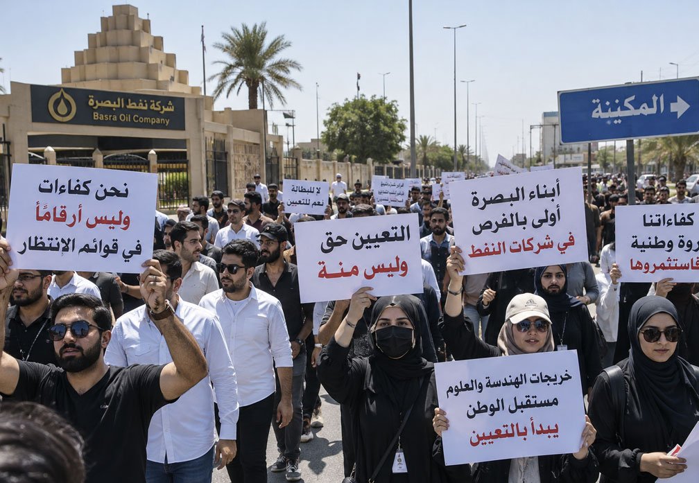 خريجو الهندسة والعلوم في البصرة يتظاهرون أمام شركة نفط البصرة للمطالبة بالتعيين