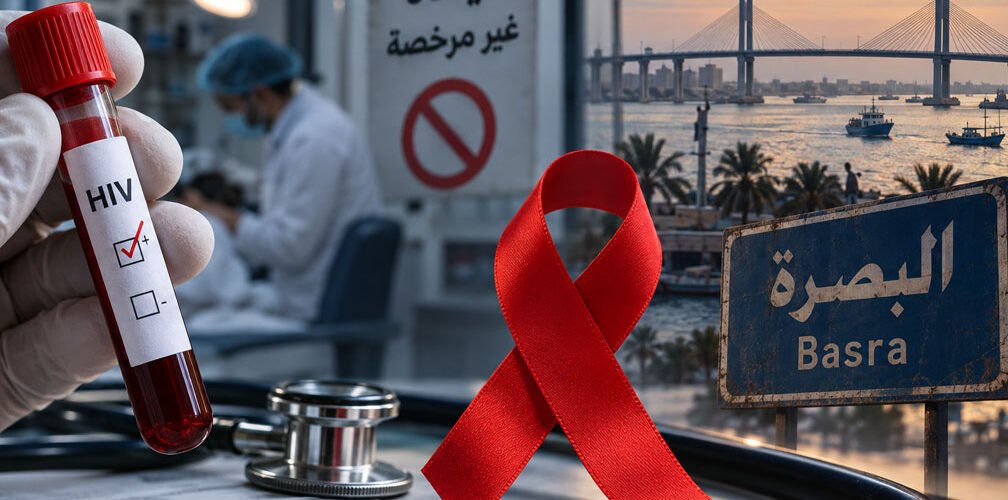 صورة توعوية عن انتشار فيروس HIV والإيدز في البصرة تظهر فحص دم وشريط التوعية الأحمر