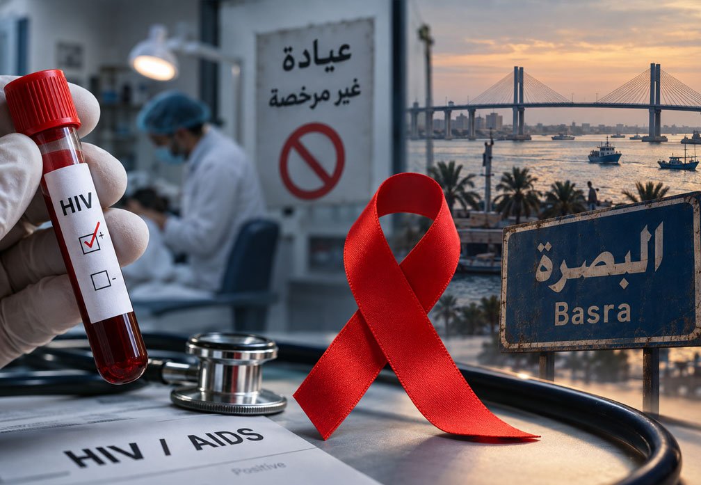 صورة توعوية عن انتشار فيروس HIV والإيدز في البصرة تظهر فحص دم وشريط التوعية الأحمر