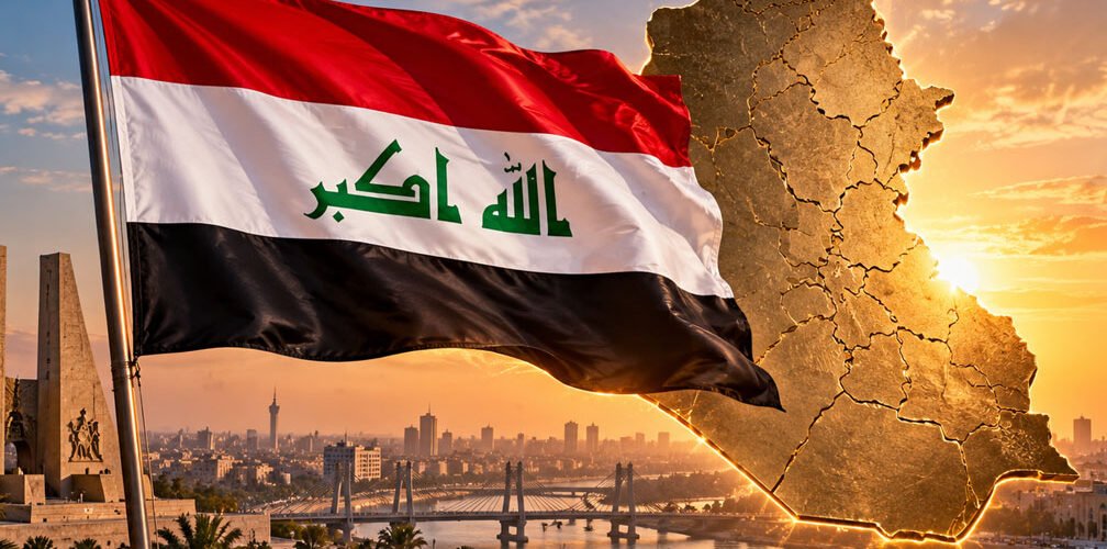 العلم العراقي وخريطة العراق احتفالاً بيوم السيادة الوطني