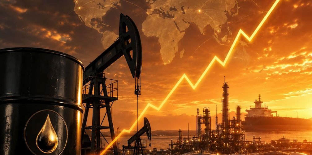 برميل نفط أسود ومضخات استخراج النفط ومصفاة نفطية أمام خريطة العالم مع سهم بياني صاعد