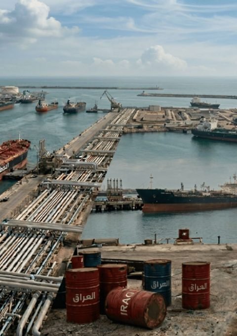 ميناء نفطي يضم ناقلات النفط وخطوط الأنابيب وبراميل النفط العراقية على الواجهة البحرية.