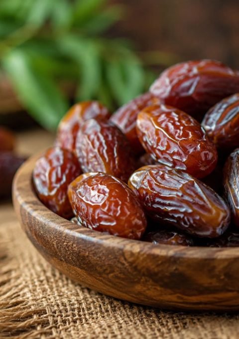 وعاء خشبي مليء بحبات التمر الطازجة الغنية بالعناصر الغذائية