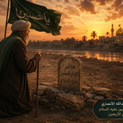 جابر بن عبد الله الأنصاري أثناء زيارته لقبر الإمام الحسين (عليه السلام) في يوم الأربعين
