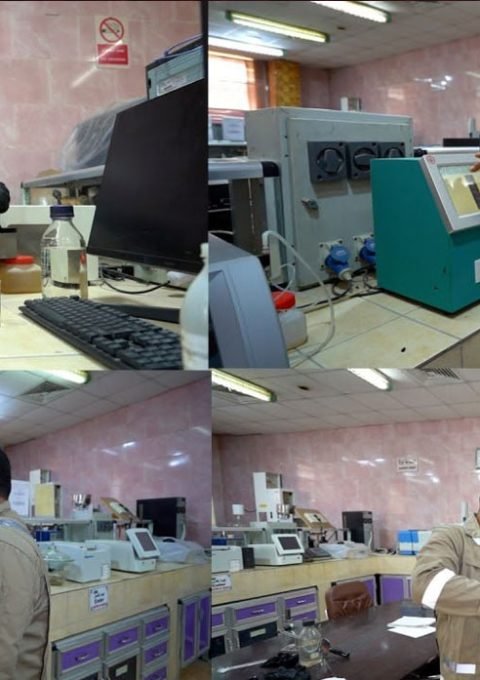 كوادر فنية تجري فحوصات وتحاليل مختبرية باستخدام أجهزة متخصصة في مختبرات مصافي الجنوب.